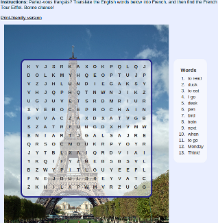 Foreign language quiz word search
